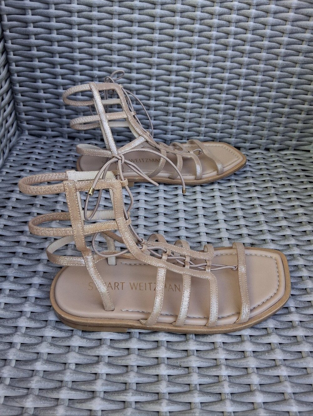 Stuart Weitzman Kora Metallic Rose Gold Strappy Lace-Up Gladiator Sandals